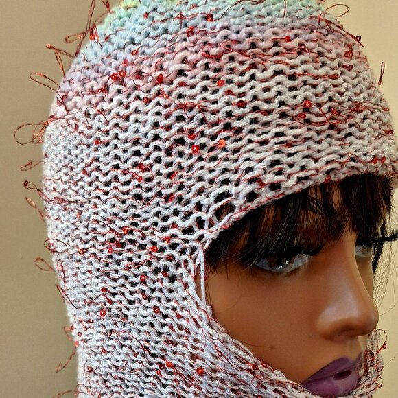 Pink  Balaclava – Sequin Knit Hood – Tinsel Riot – Handmade 1/1 Avantgarde Mask - Picture 1 of 6